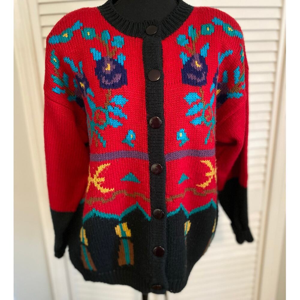 Vintage Duet Cardigan made in Hong‎ Kong Chunky Red and Black with Floral 60/70s